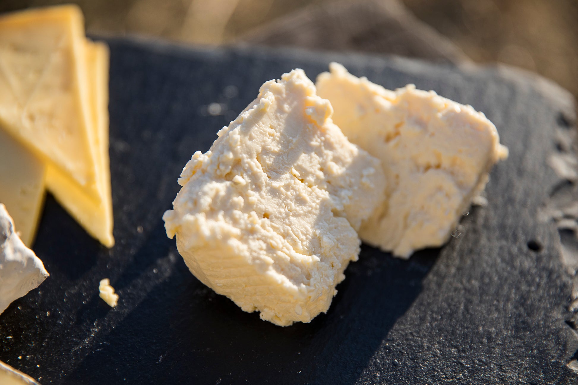 A block of briny Farmstead Feta cheese from Lost Lake Farm, sitting in its brine in a container.