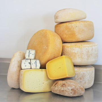 A winter seasonal cheese box from Lost Lake Farm, showing three wedges of farmstead cheese, cow postcards, and a member certificate.